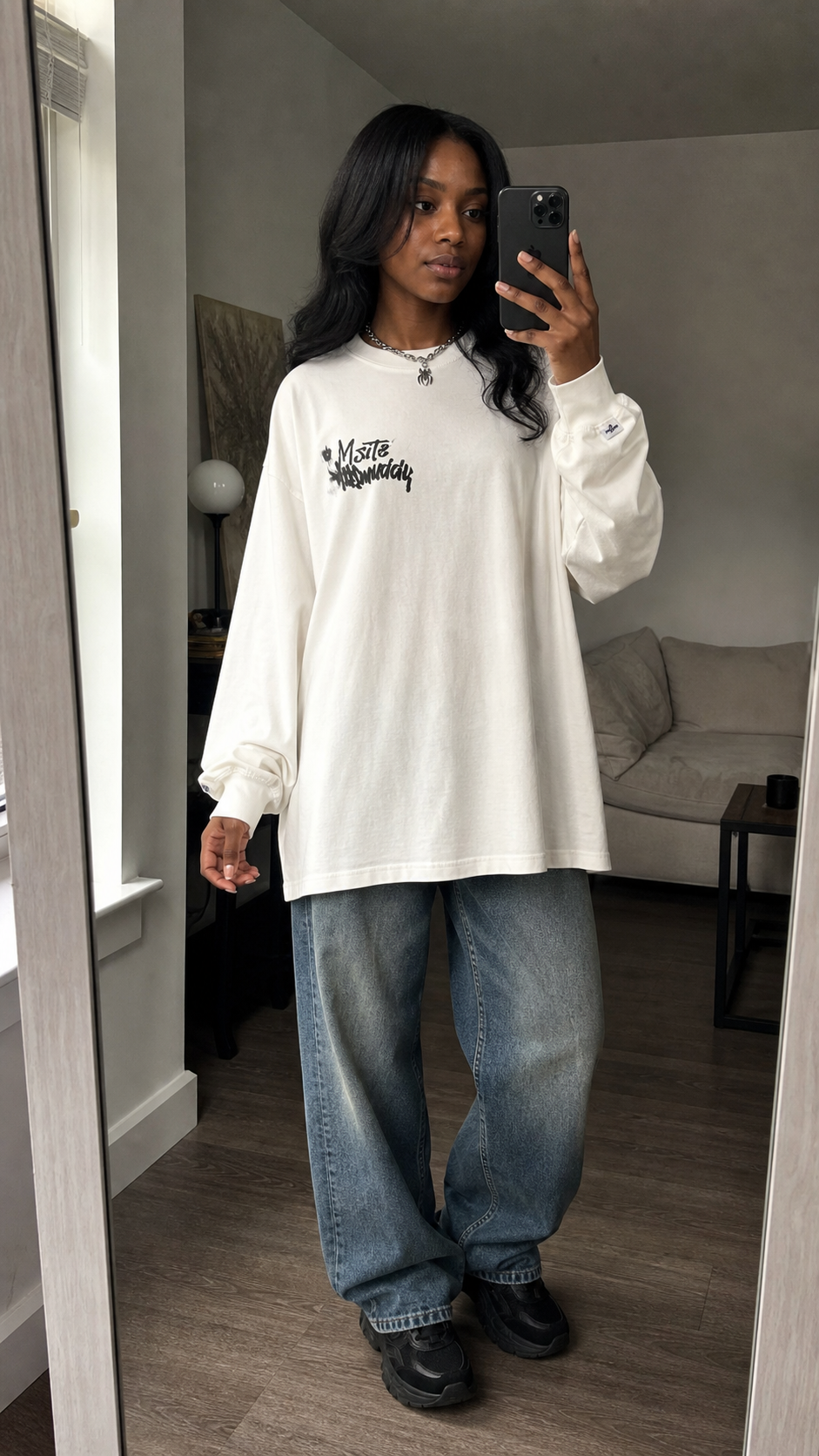 Graphic Oversized Long Sleeve Tee cream front UGC apartment mirror