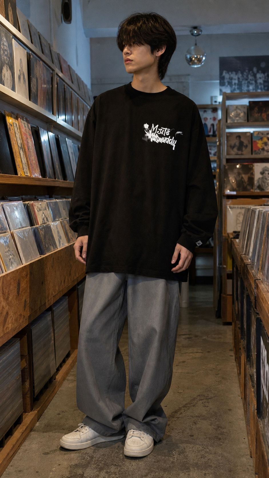 Graphic Oversized Long Sleeve Tee black front UGC record shop