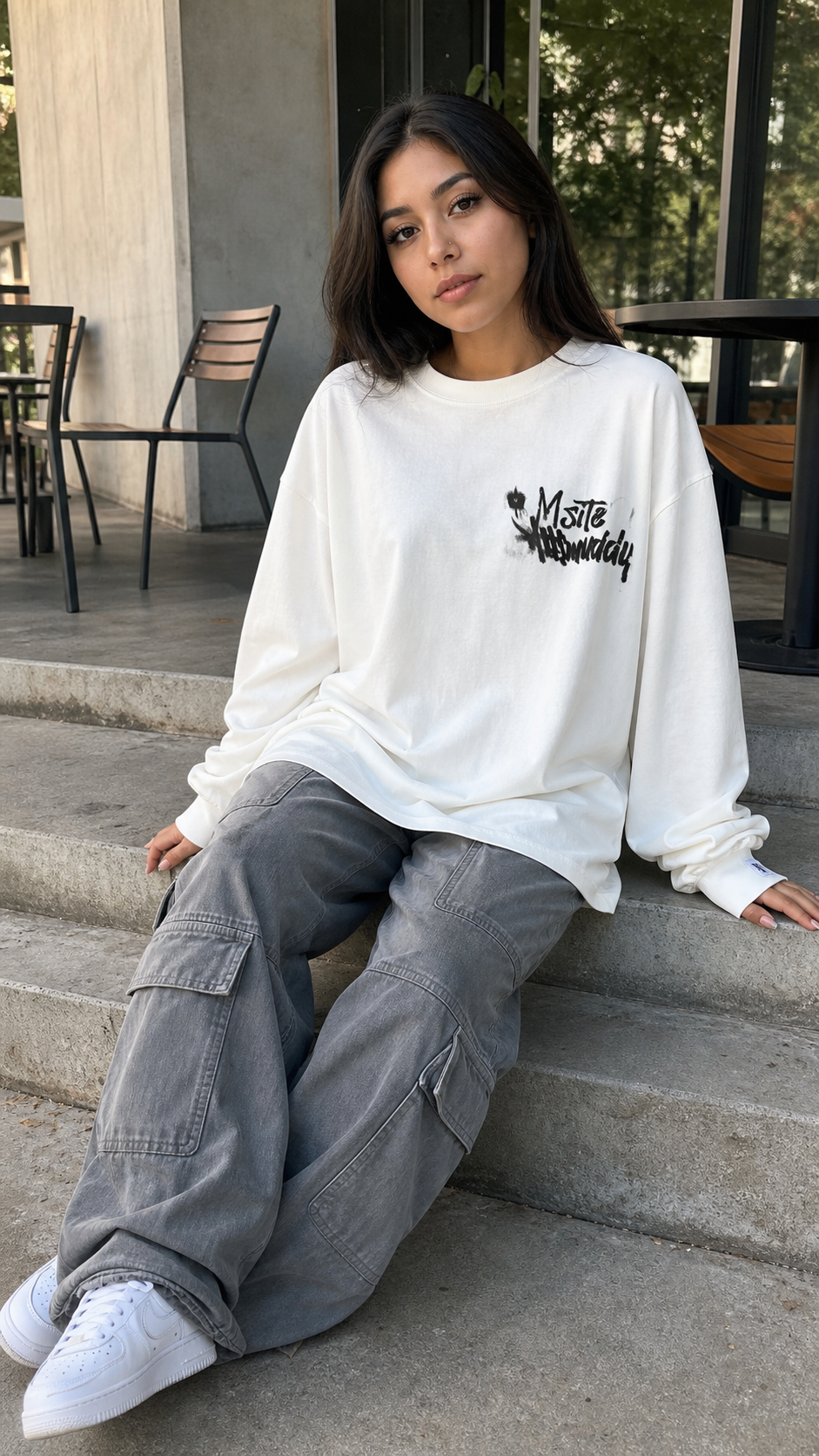 Graphic Oversized Long Sleeve Tee cream front UGC campus steps