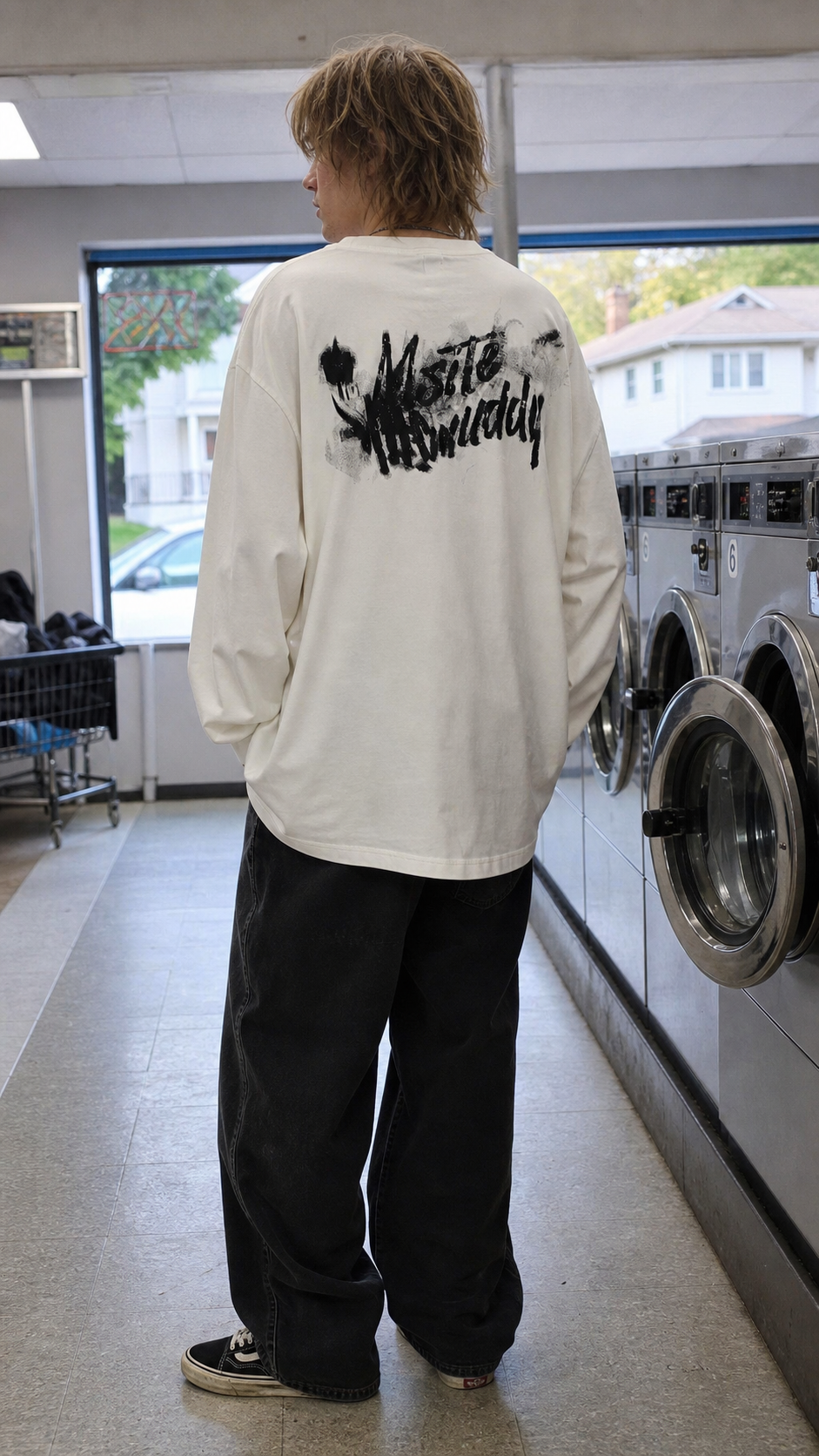 Graphic Oversized Long Sleeve Tee cream back UGC laundromat