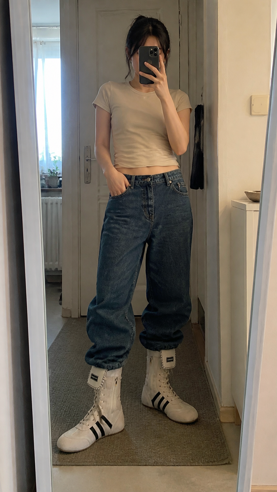 GSL Hybrid Zip-On Boxing Trainer Boots in a natural hallway mirror outfit