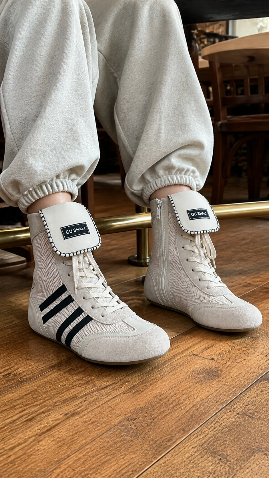 GSL Hybrid Zip-On Boxing Trainer Boots in a casual cafe outfit
