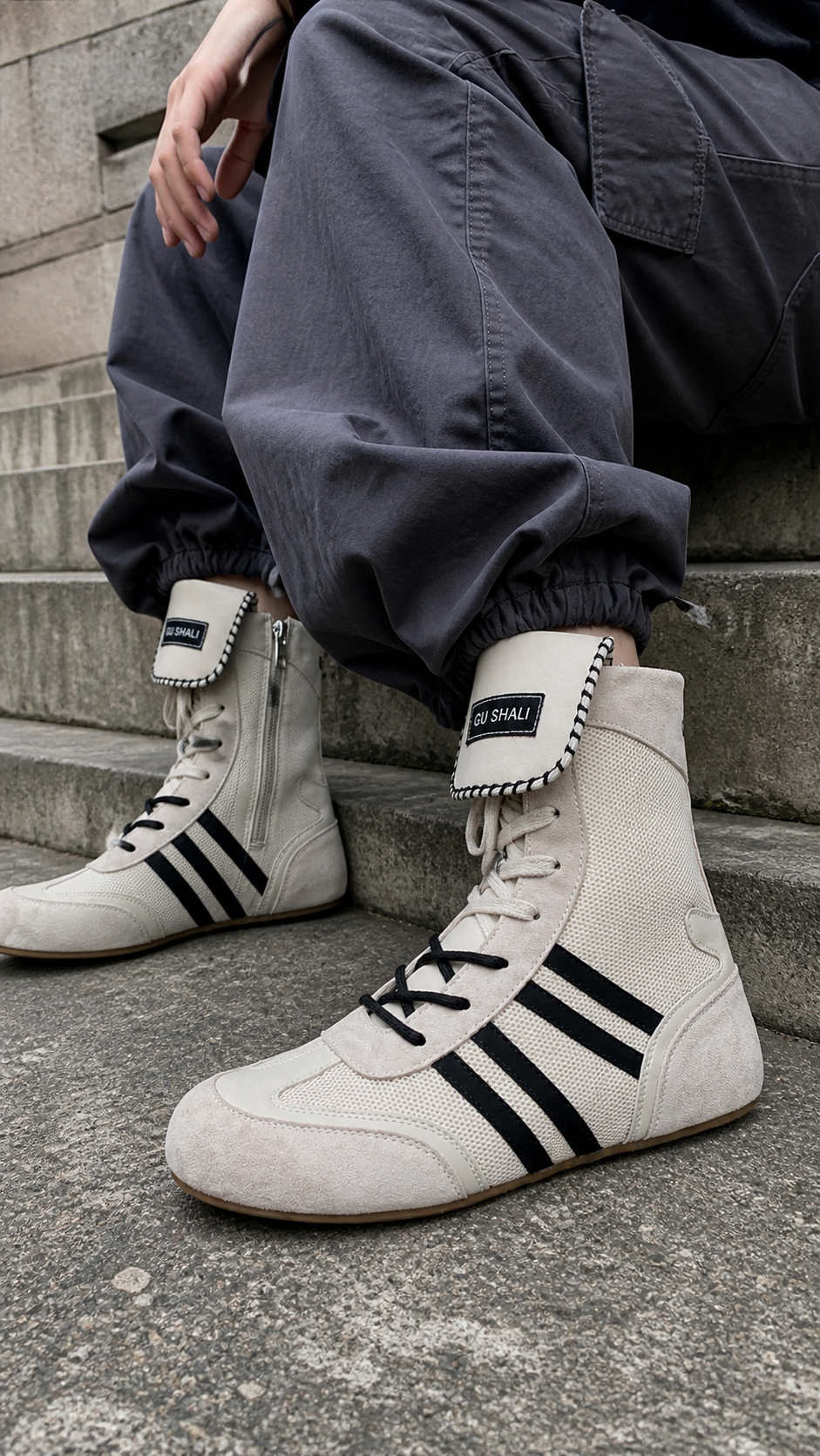GSL Hybrid Zip-On Boxing Trainer Boots styled on concrete steps