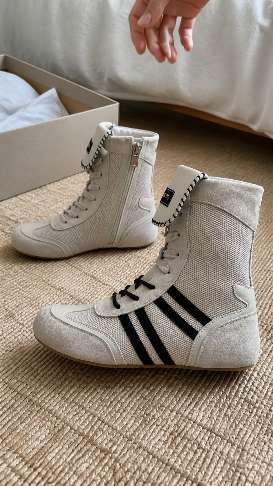 GSL Hybrid Zip-On Boxing Trainer Boots in a natural bedroom unboxing