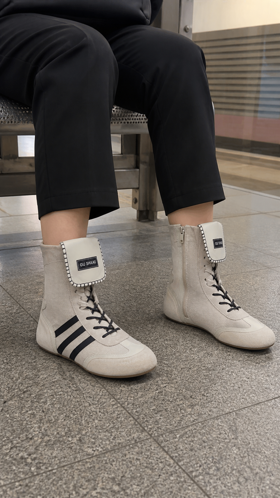 GSL Hybrid Zip-On Boxing Trainer Boots in a casual transit bench outfit