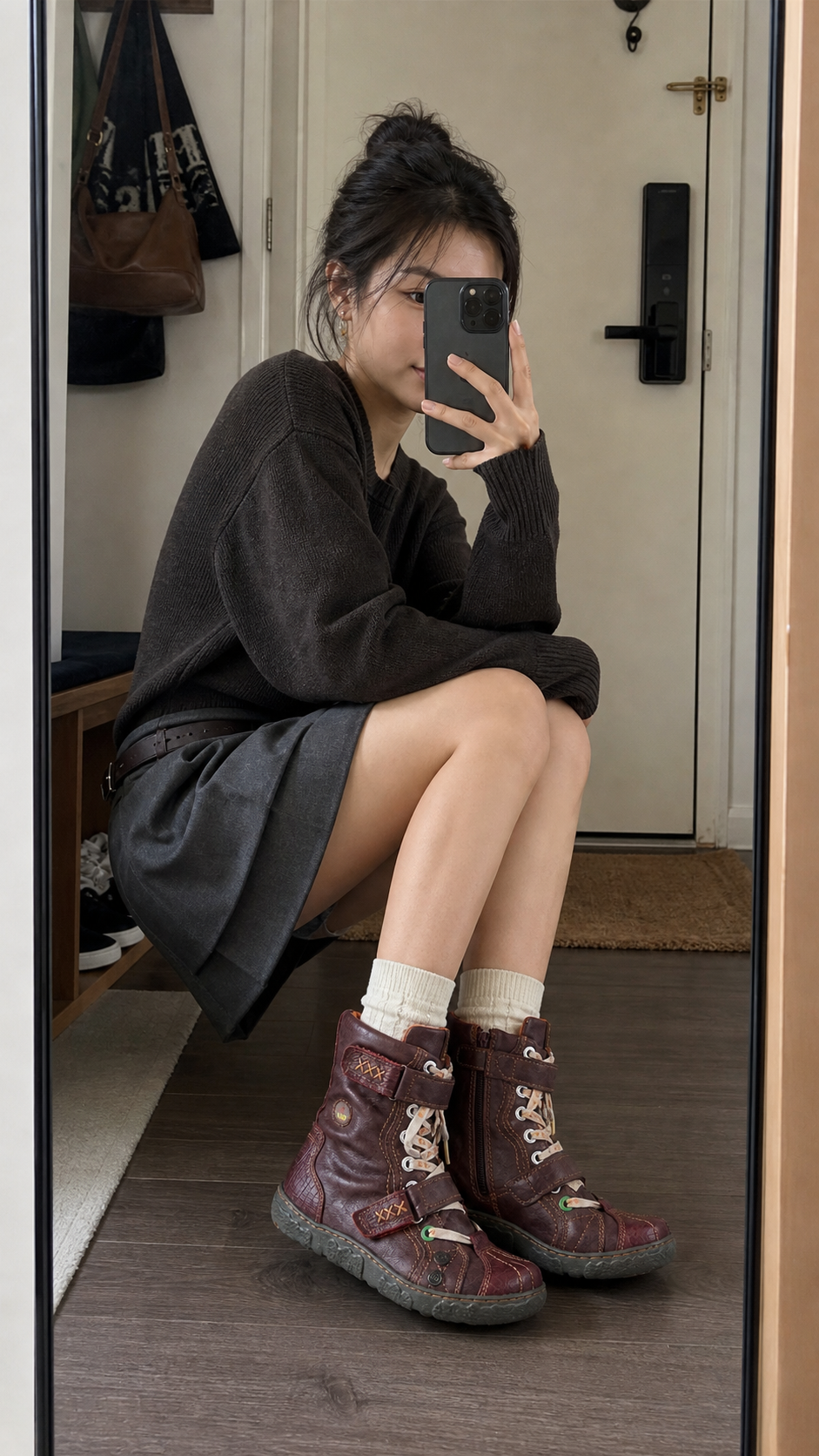 Natural apartment entry mirror photo featuring the burgundy hand-stitched mid-calf boots