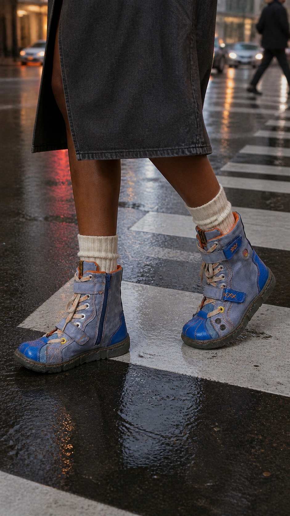 Natural rainy crosswalk photo featuring the blue-grey hand-stitched mid-calf boots