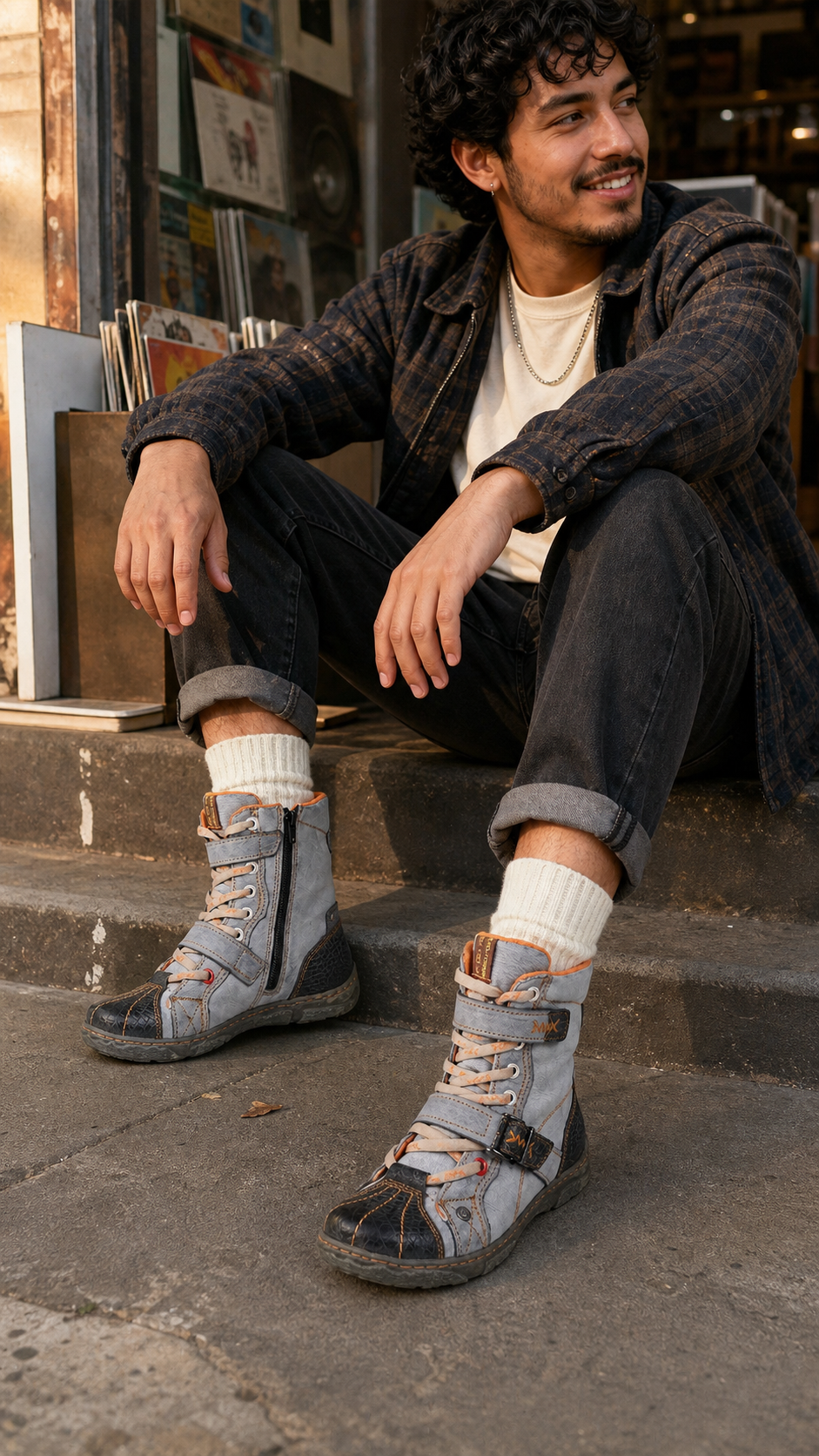 Natural record-store steps photo featuring the grey-black hand-stitched mid-calf boots