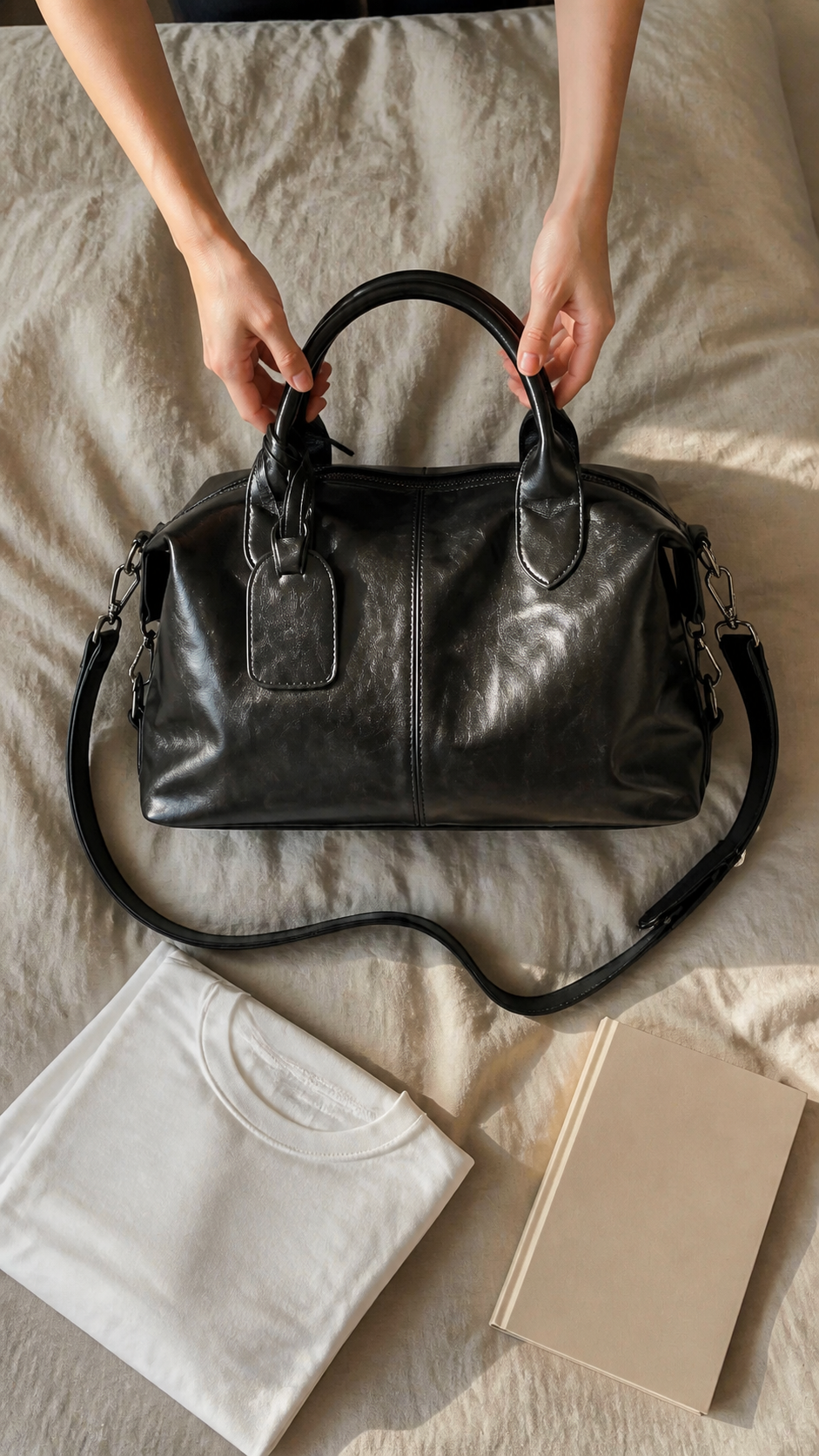 Midnight Transit Leather Weekender in a natural bedroom packing moment