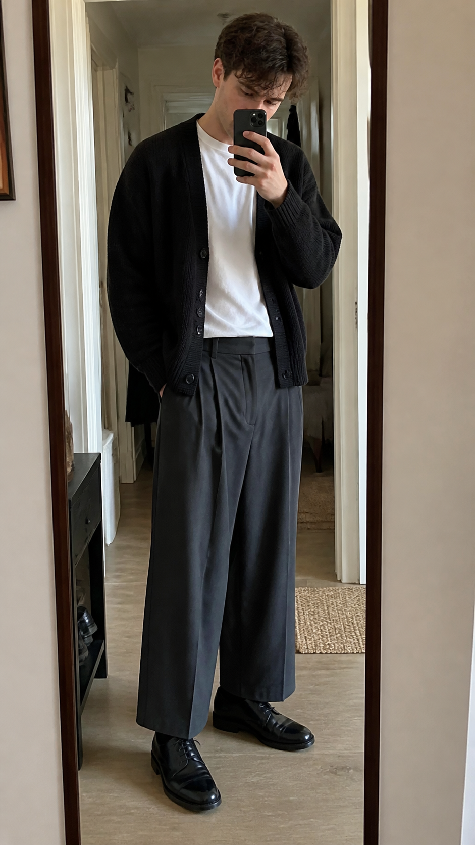 Obsidian Square Oxford Shoes in a natural hallway mirror outfit