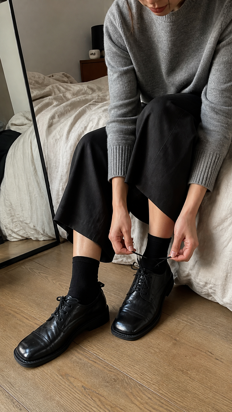 Obsidian Square Oxford Shoes in a casual getting-ready moment