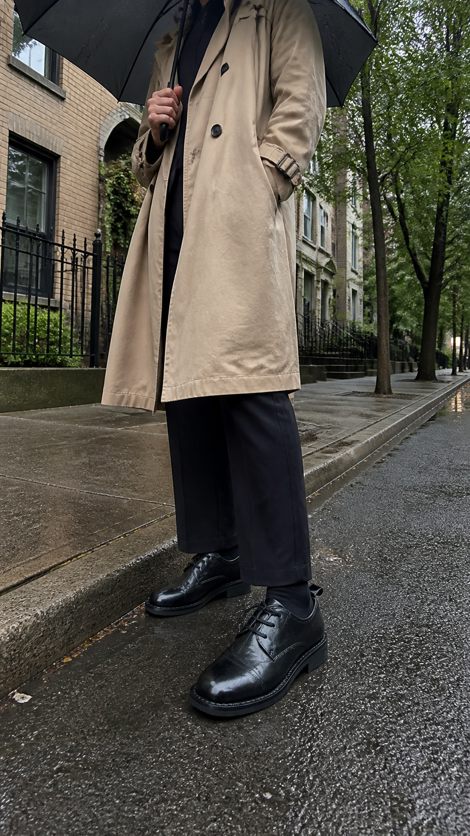 Obsidian Square Oxford Shoes styled on a rainy city street