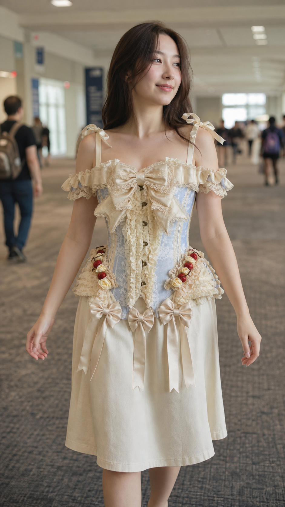 Natural convention hallway photo featuring the cream and powder-blue off-shoulder ribbon corset top