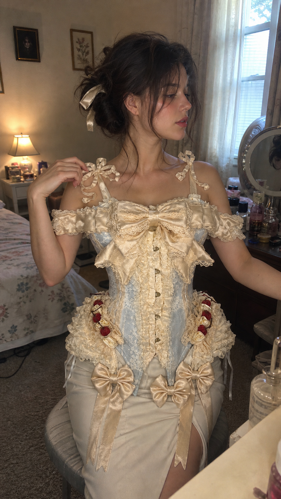 Natural vanity photo featuring the cream and powder-blue off-shoulder ribbon corset top