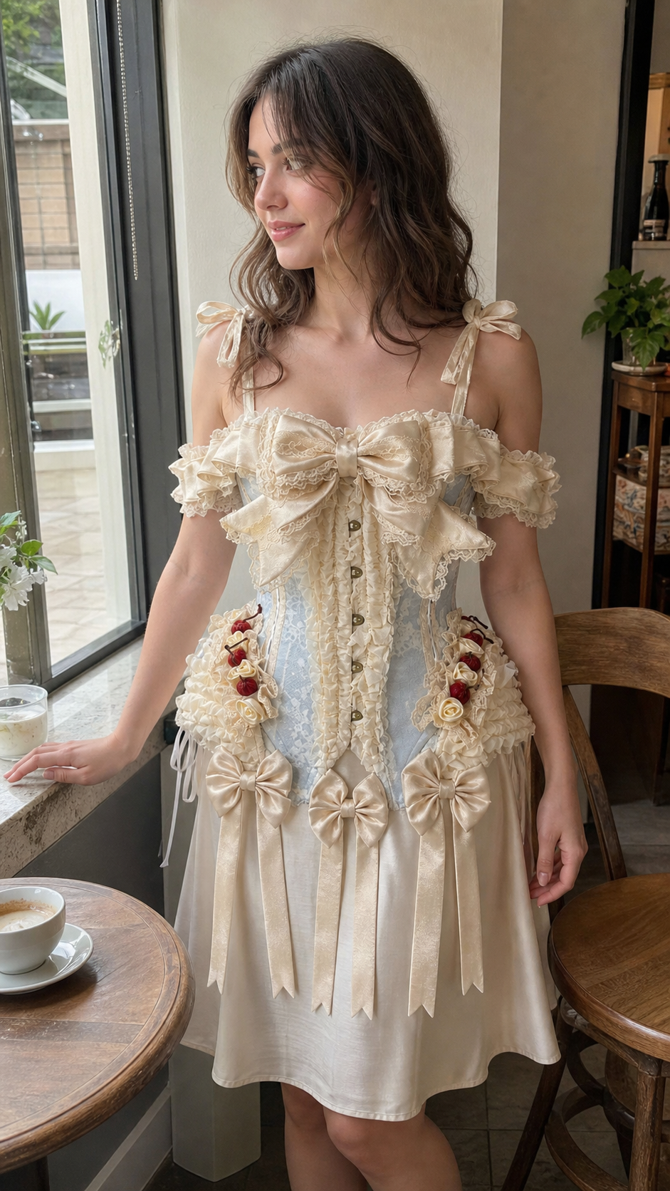 Natural cafe window photo featuring the cream and powder-blue off-shoulder ribbon corset top