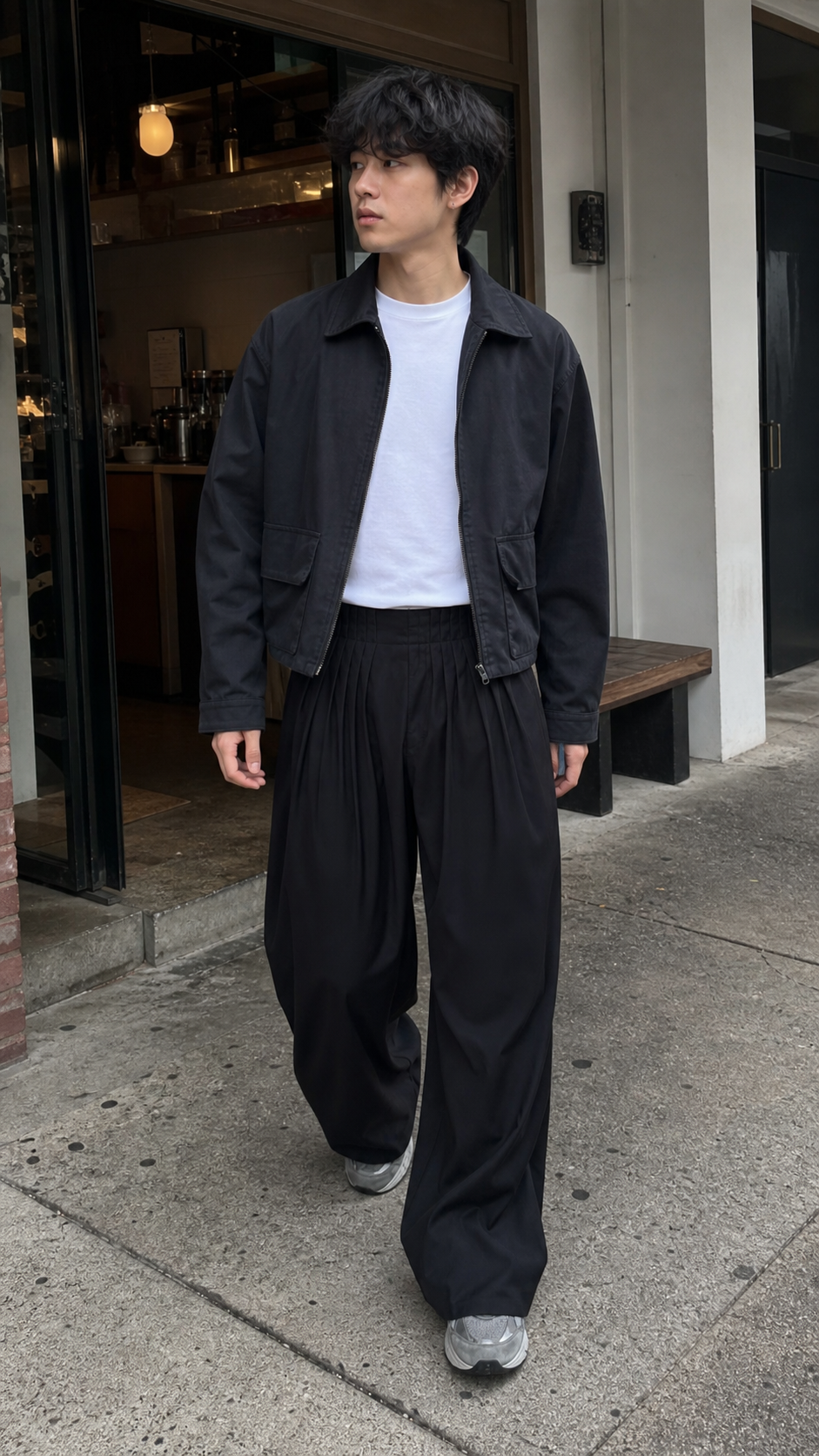 Pleated Waist Black Wide-Leg Trousers styled in a natural sidewalk commute