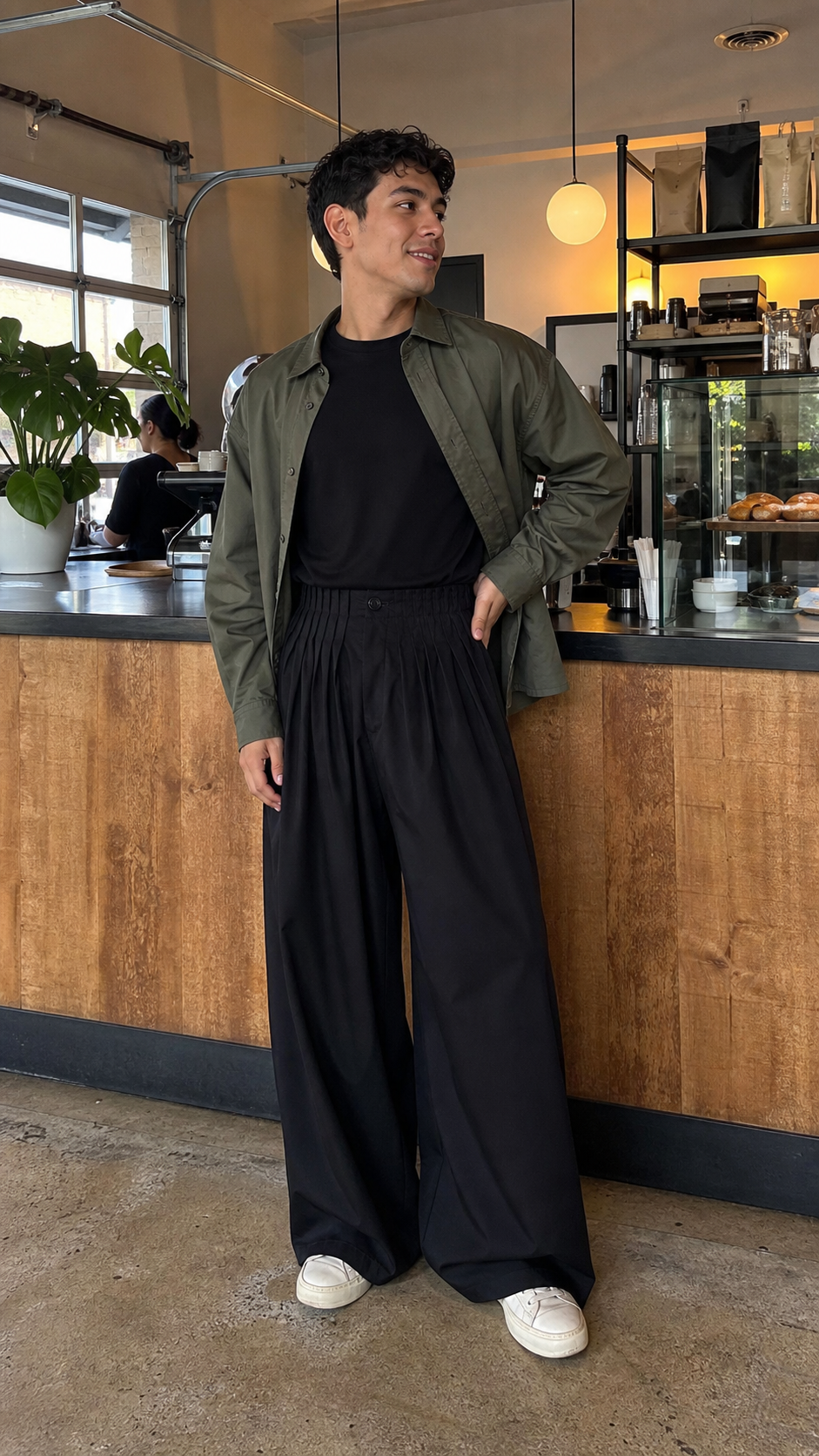 Pleated Waist Black Wide-Leg Trousers styled naturally at a cafe counter