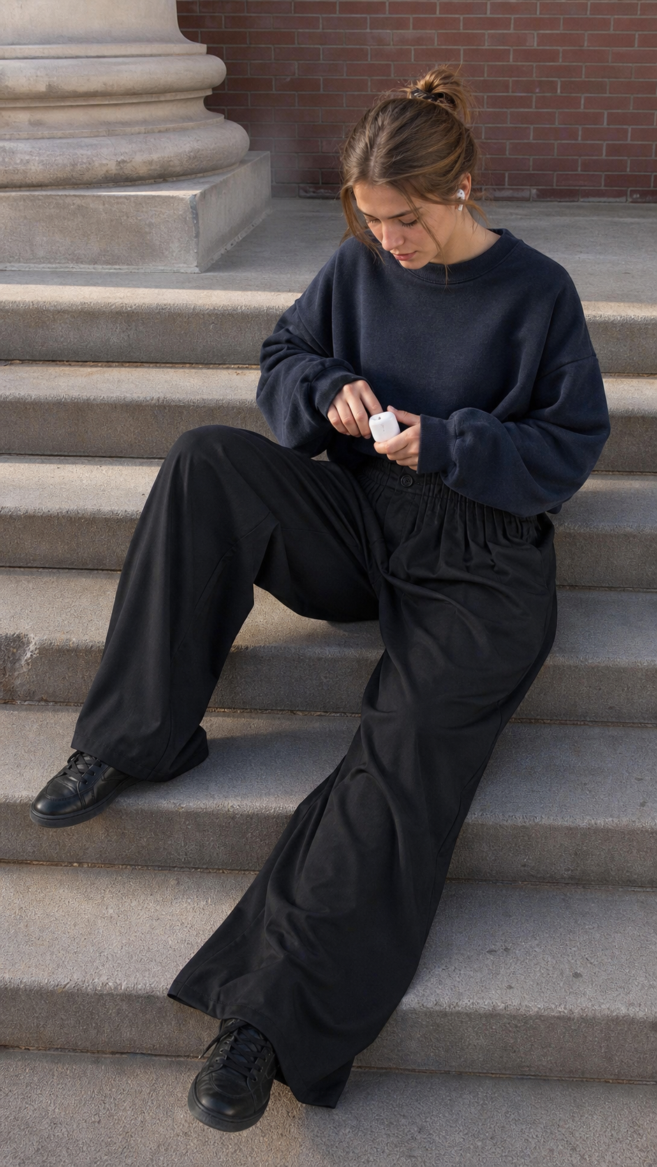 Pleated Waist Black Wide-Leg Trousers in a relaxed campus steps outfit