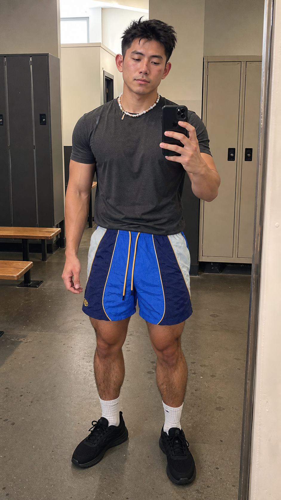 Tri-Block Royal Track Nylon Shorts in a natural locker-room outfit