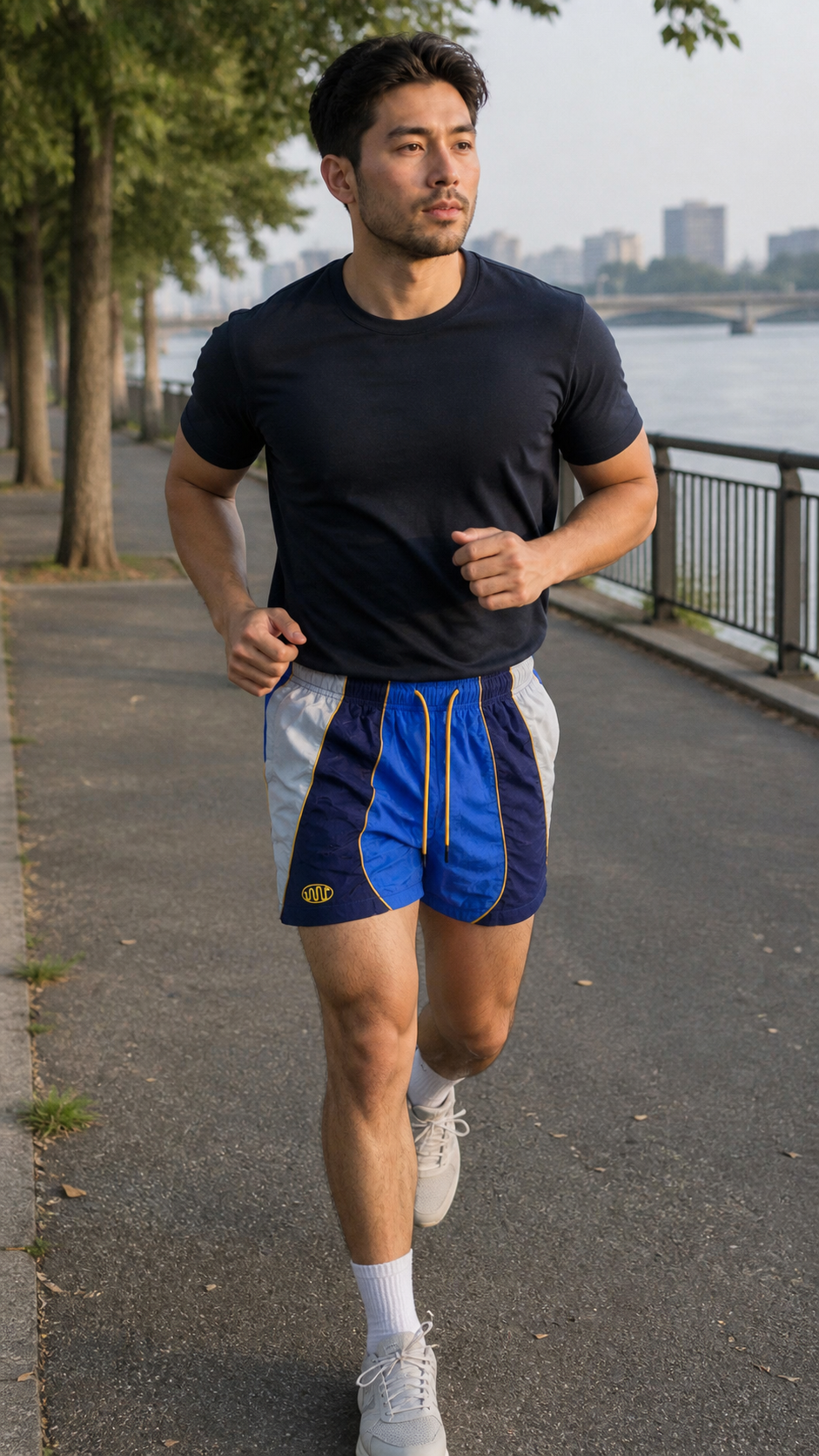 Tri-Block Royal Track Nylon Shorts on a riverside morning run