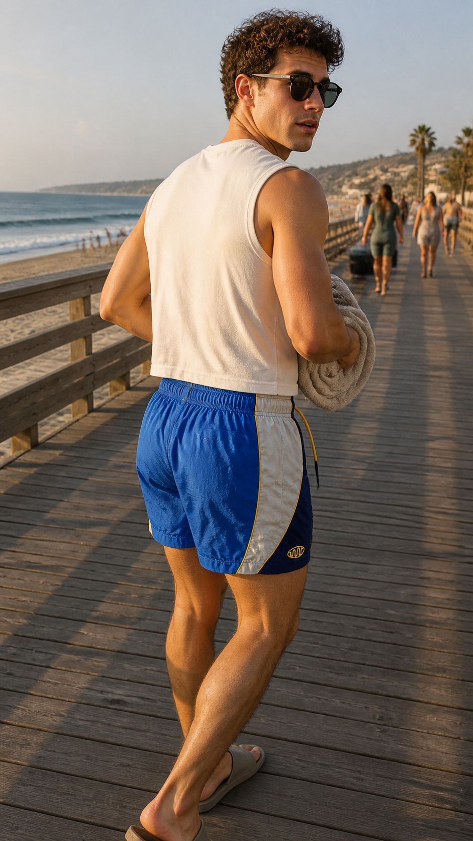Tri-Block Royal Track Nylon Shorts on a beach boardwalk