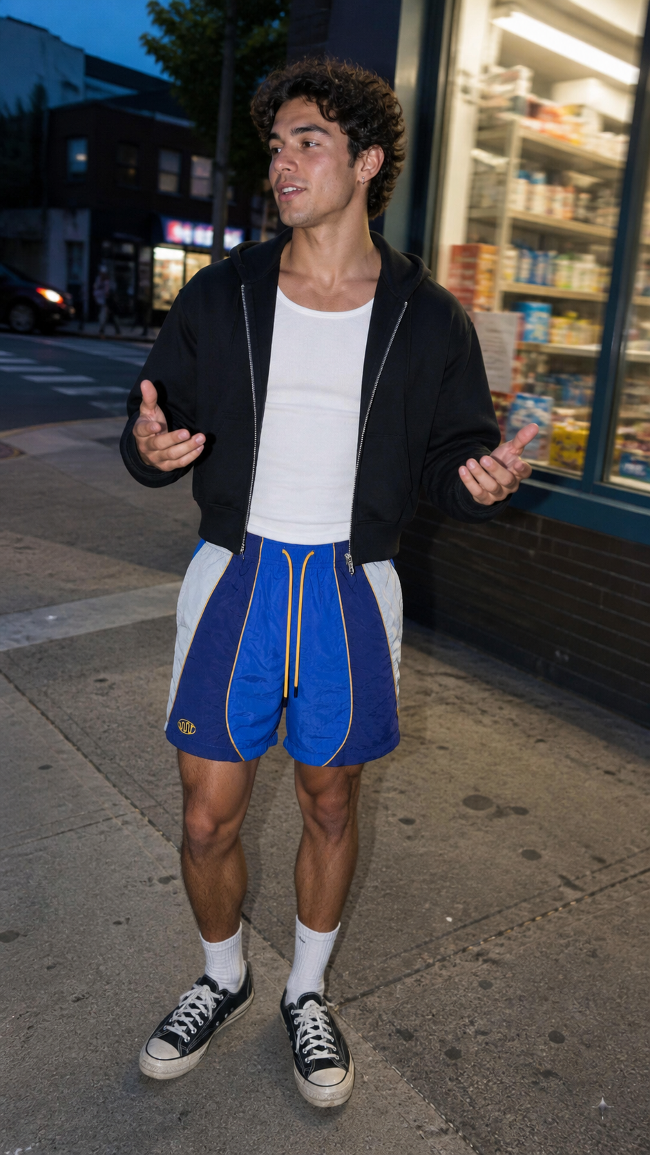 Tri-Block Royal Track Nylon Shorts in a casual evening street outfit