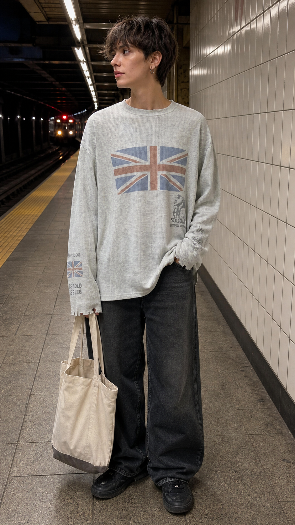 Gray Union Wave waffle long-sleeve tee subway platform UGC
