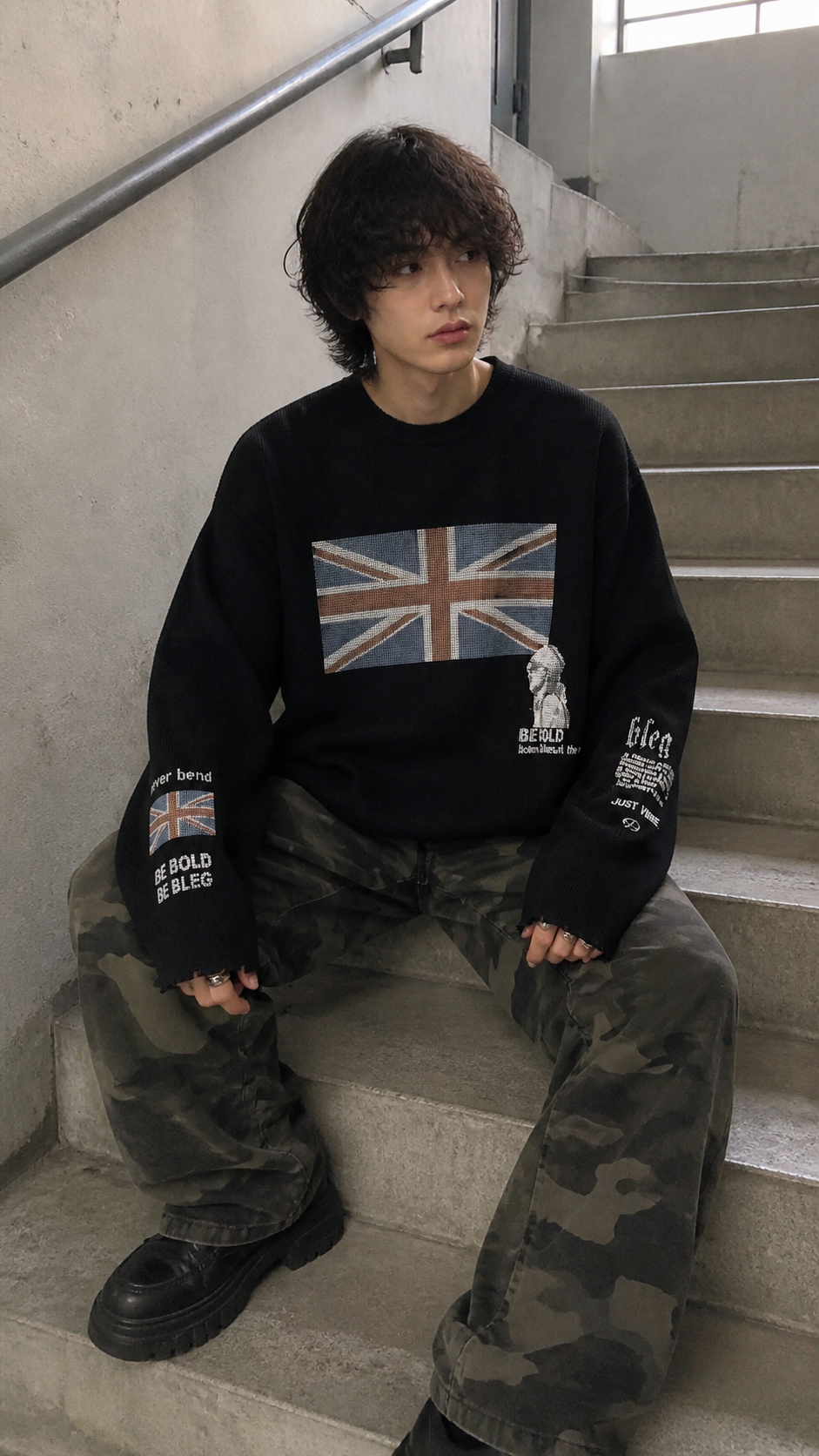 Black Union Wave waffle long-sleeve tee stairwell UGC