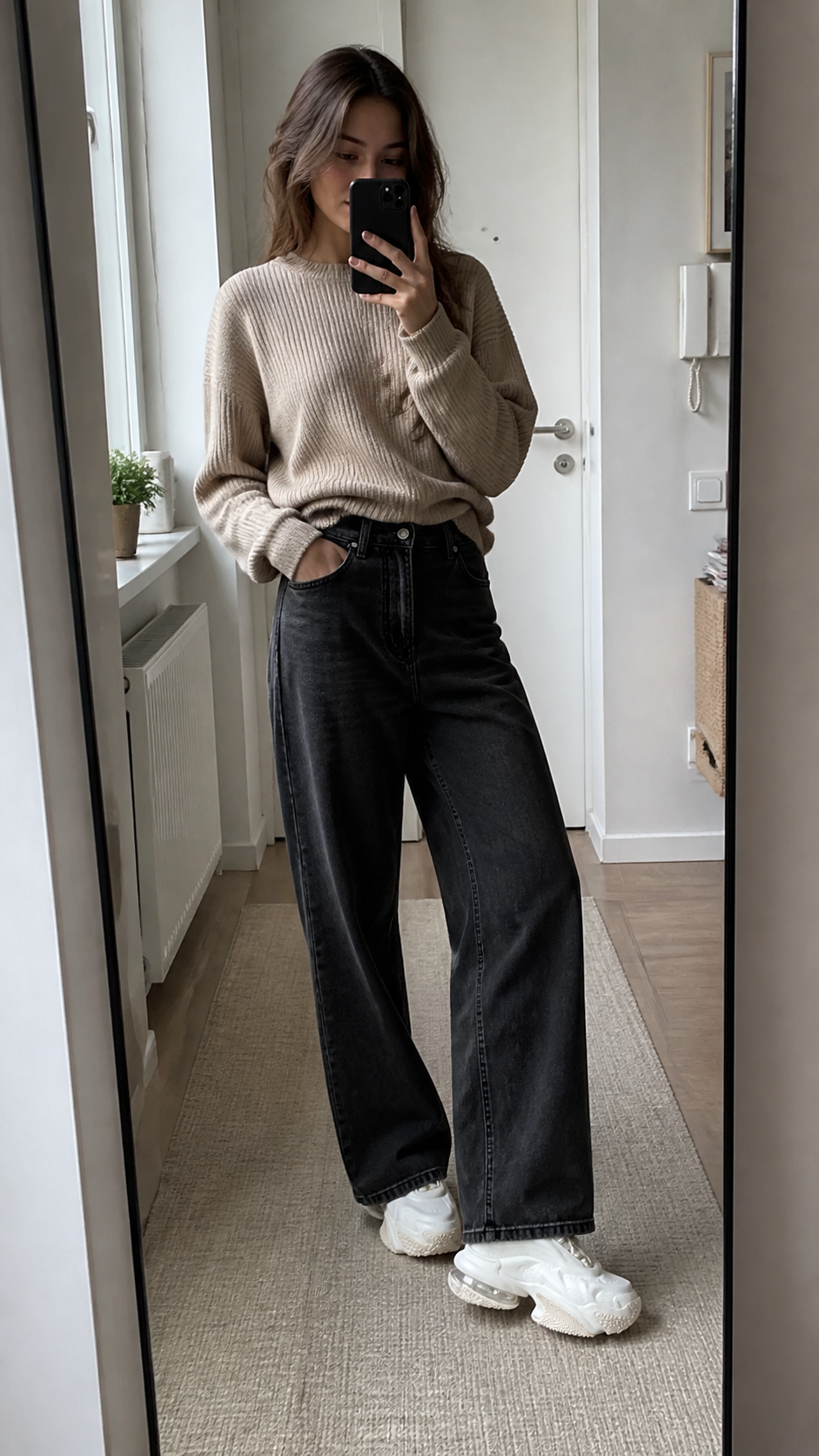 White Vortex Embossed Platform Sneakers in a natural hallway mirror outfit