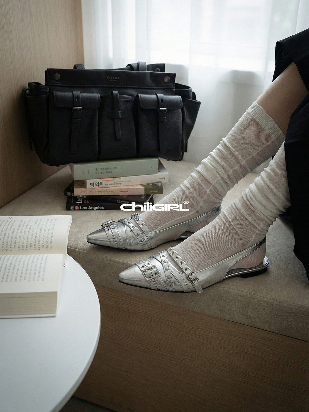 Silver Pointed-Toe Rivet Slingback Flats - View 8