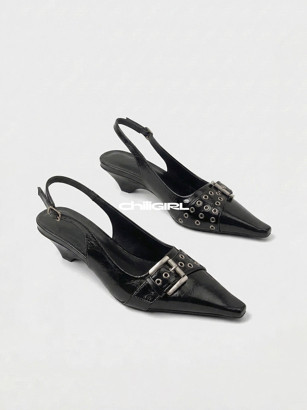Black Rivet-Buckle Kitten-Heel Slingbacks - View 10