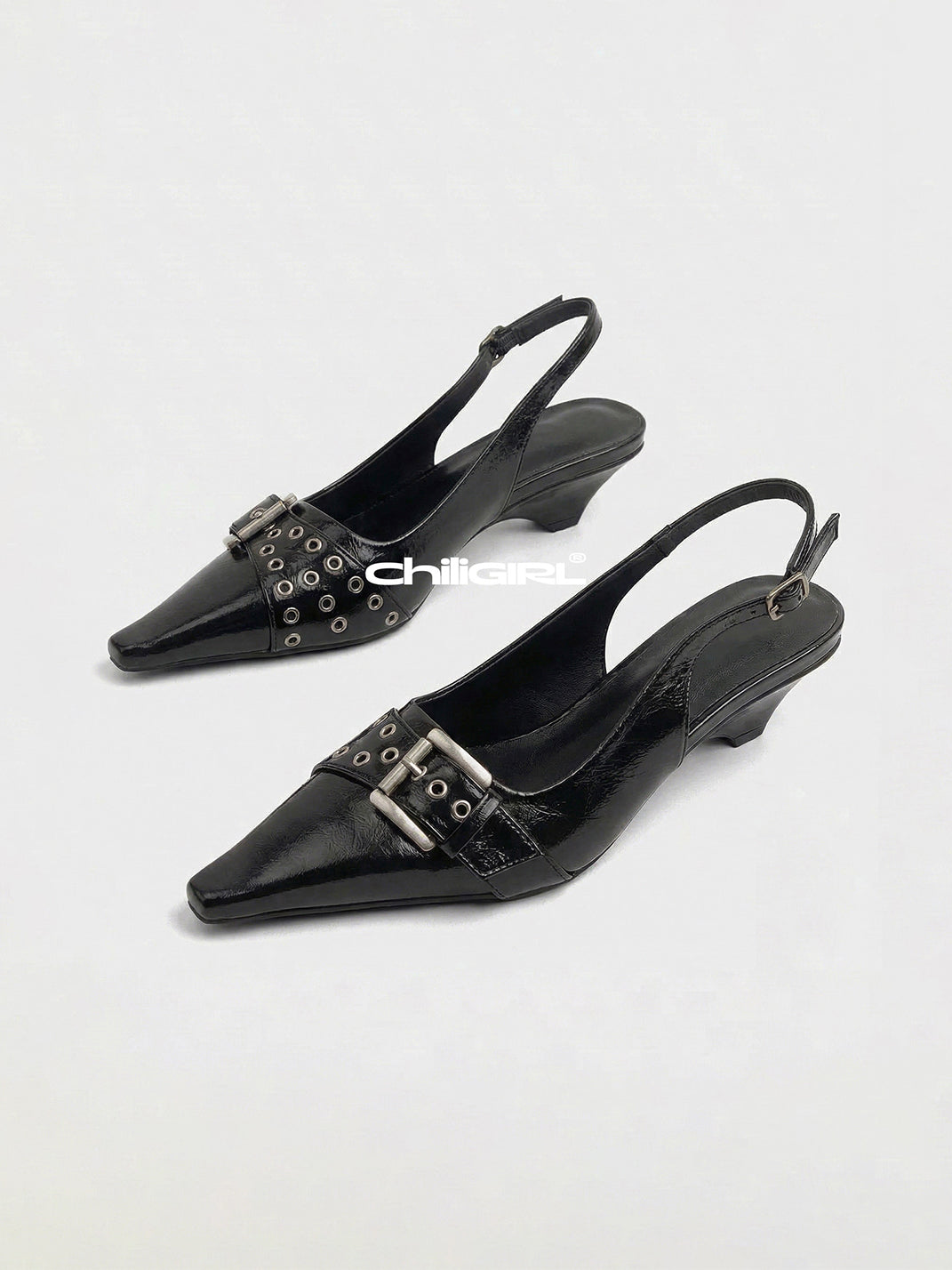 Black Rivet-Buckle Kitten-Heel Slingbacks - View 11