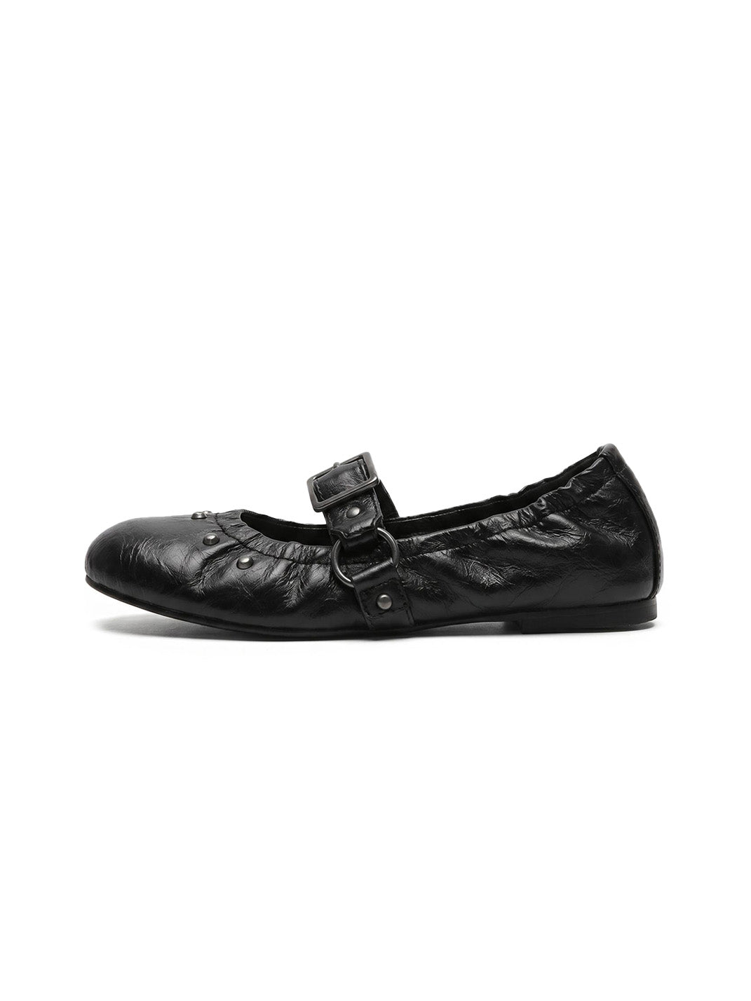 Rivet-Buckle Crinkled Ballet Flats