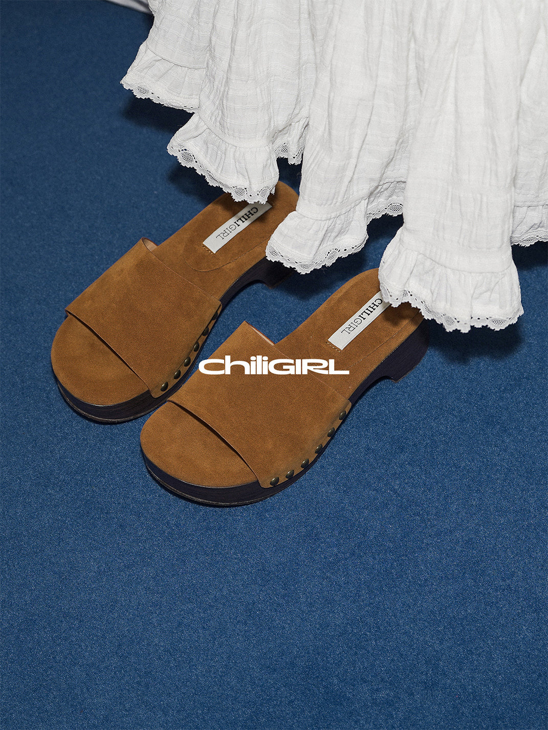 Studded Brown Sculpted-Heel Slides - View 9