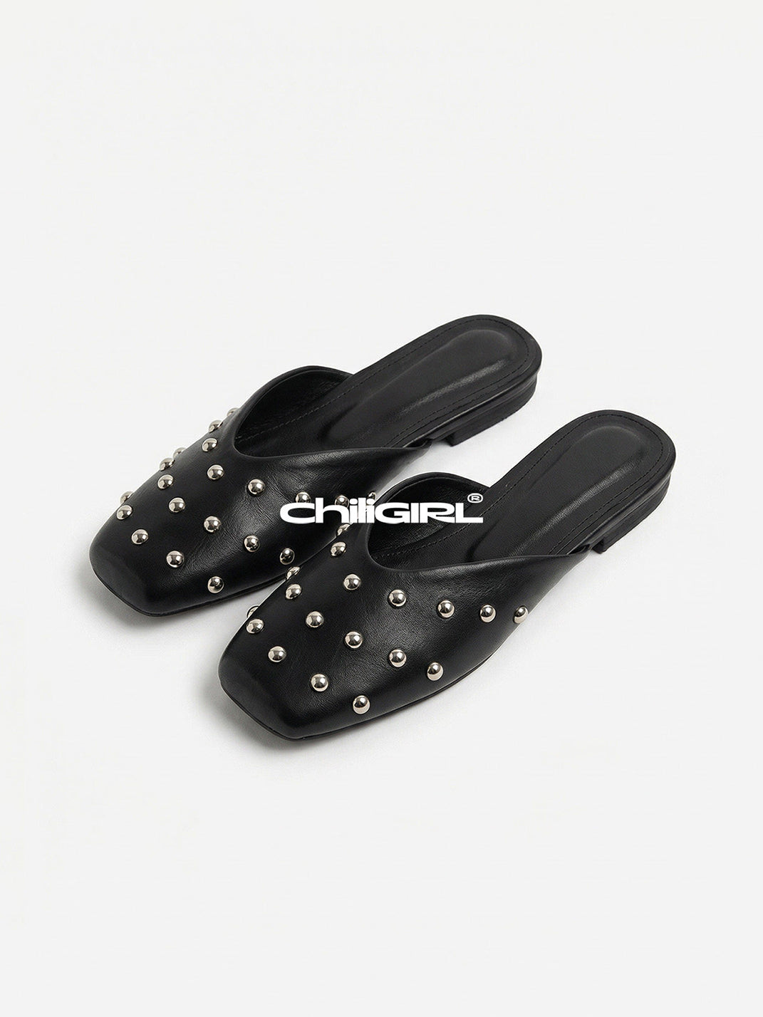 Black Studded Pointed-Toe Mule Flats - View 10
