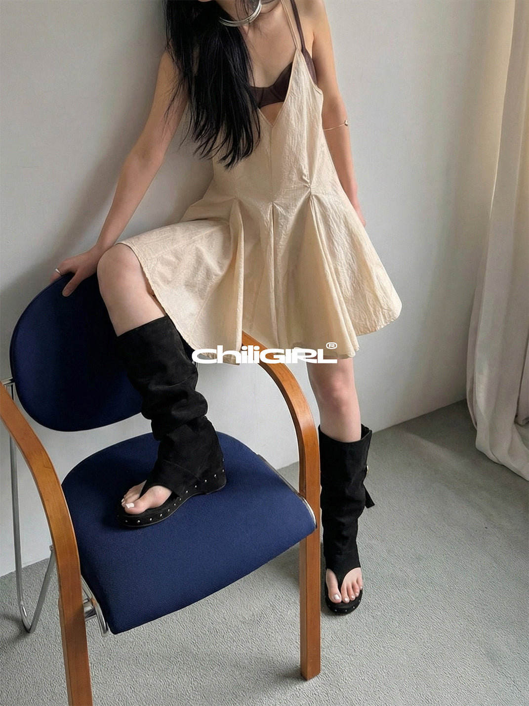 Black Rivet Low-Heel Tall Sandal Boots - View 10