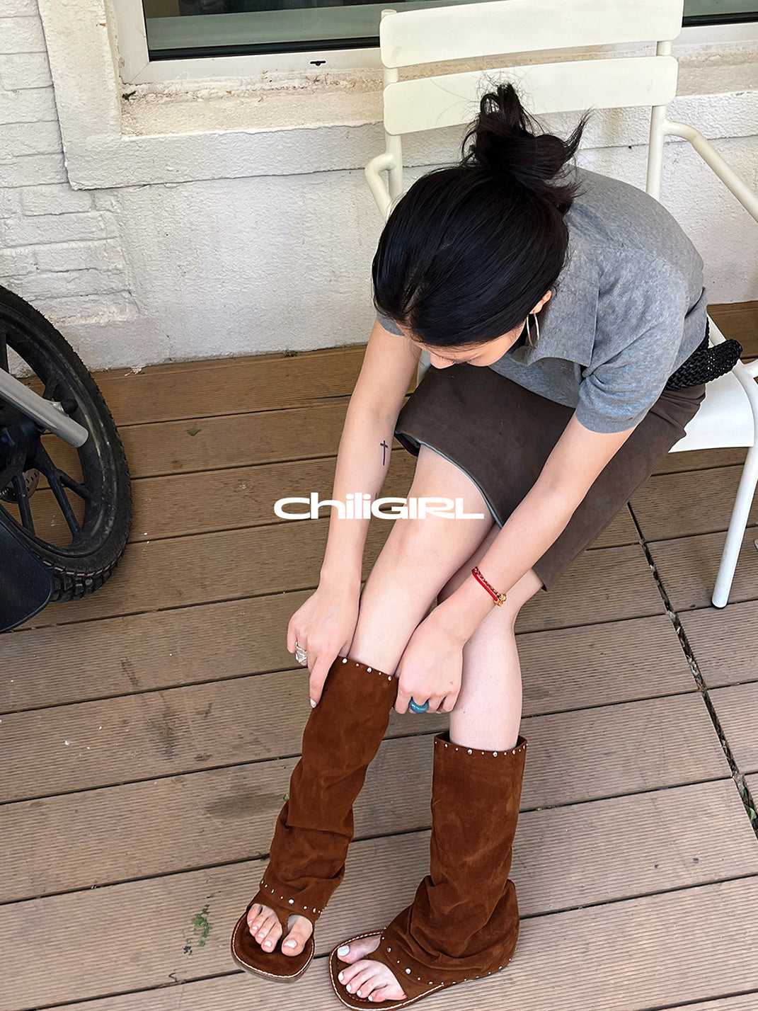 Studded Suede Open-Toe Tall Boots - View 4
