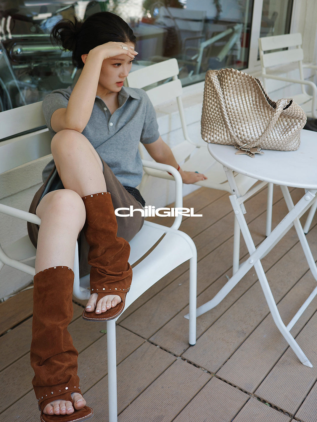 Studded Suede Open-Toe Tall Boots - View 6