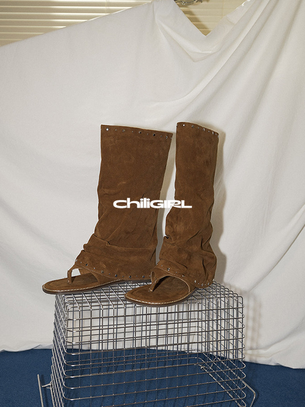Studded Suede Open-Toe Tall Boots - View 8