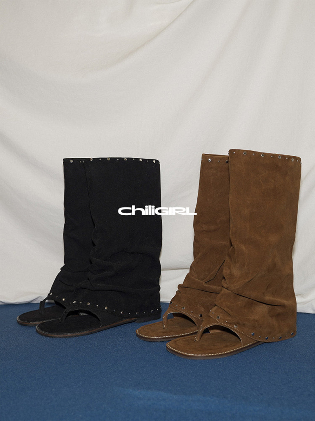 Studded Suede Open-Toe Tall Boots - View 12