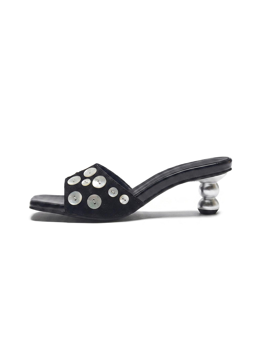 Black Shell-Buckle Sculpted-Heel Slides