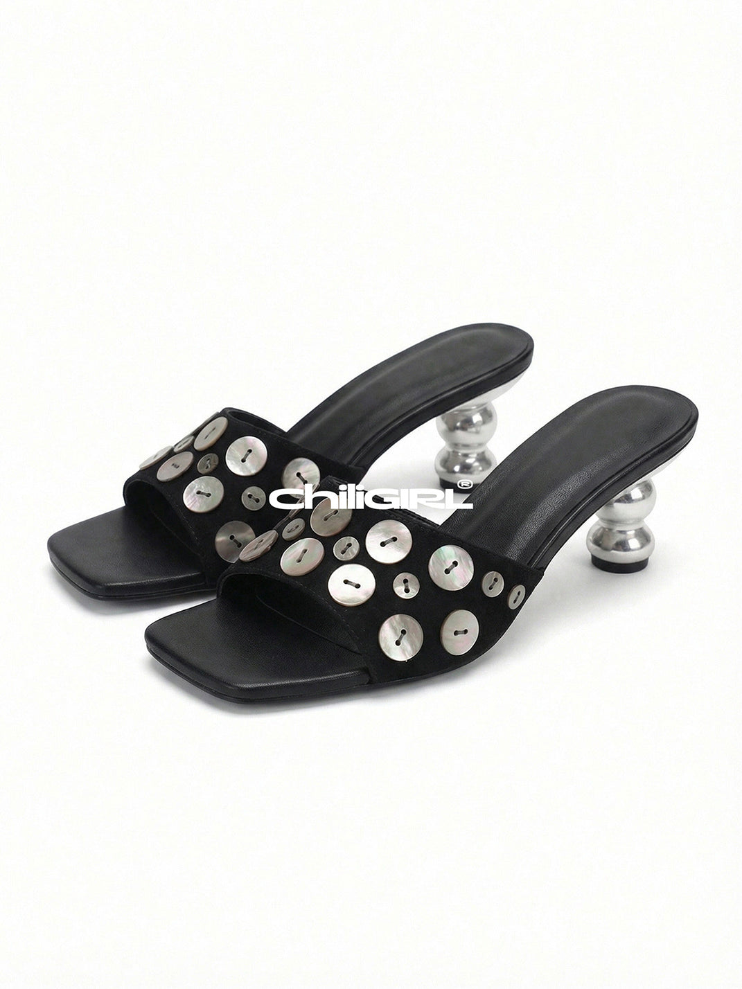 Black Shell-Buckle Sculpted-Heel Slides - View 15