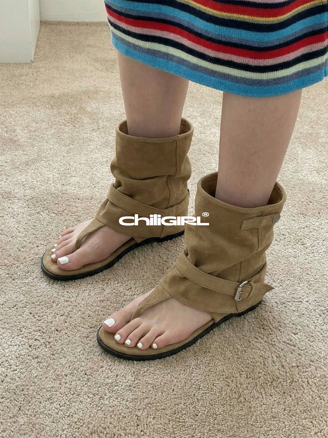 Khaki Slouchy Open-Toe Ankle Boots - View 2