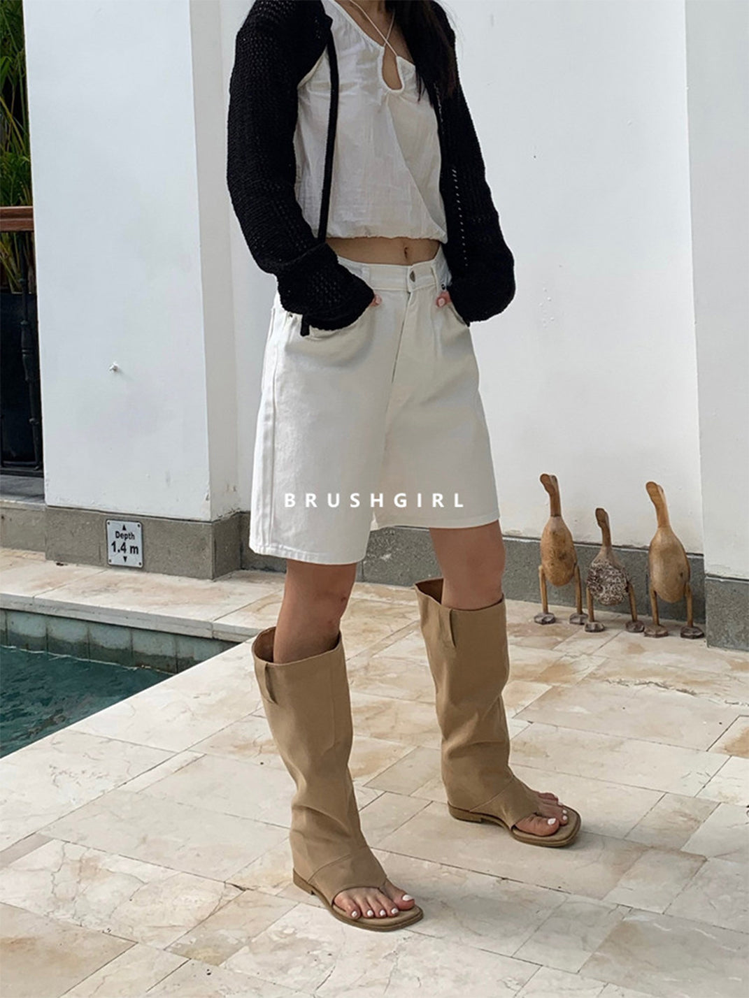 Khaki Western Thong Knee-High Sandal Boots - View 5