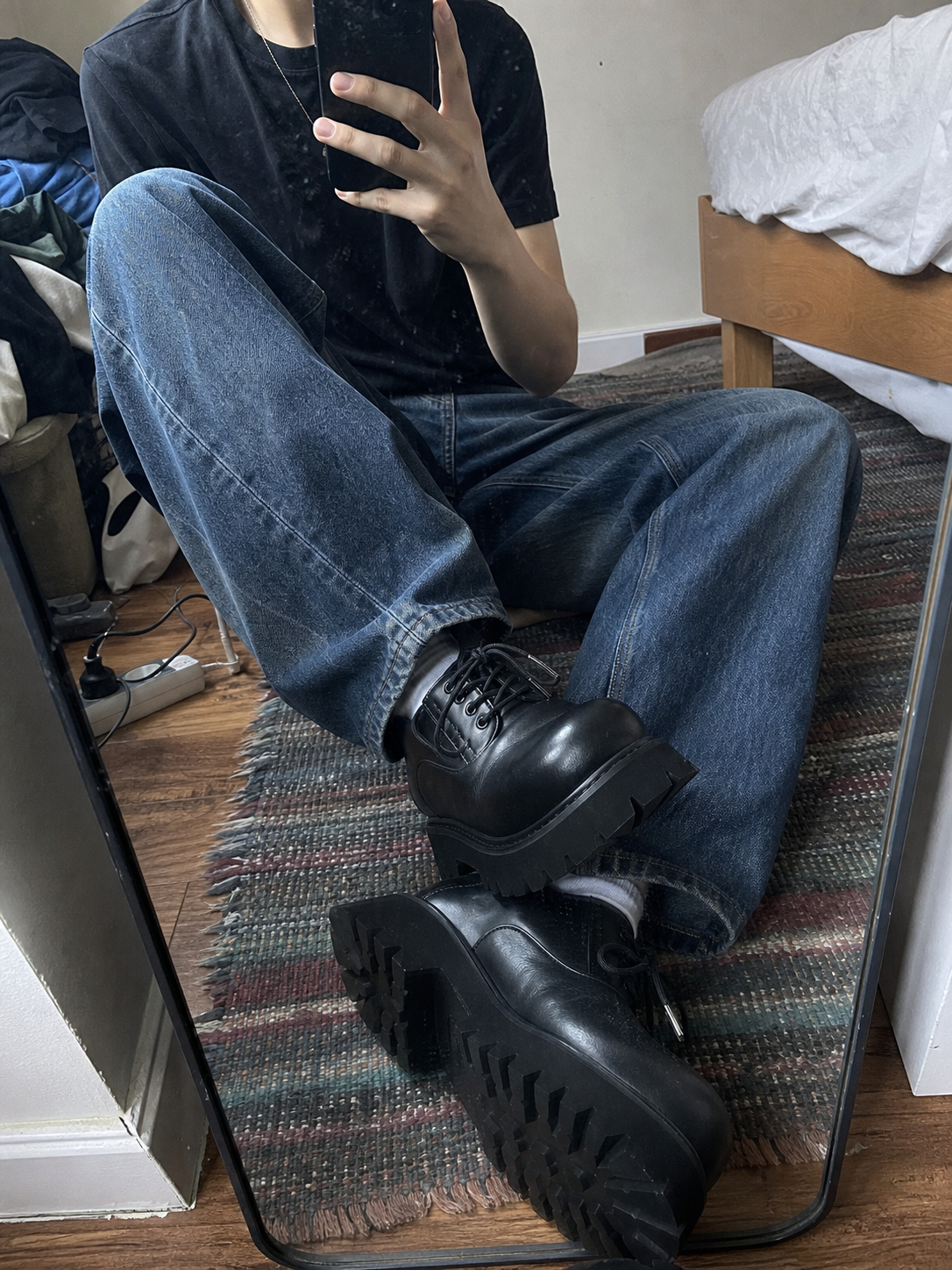 UGC seated mirror styling of Chunky Black Leather Lug Sole Derby Shoes