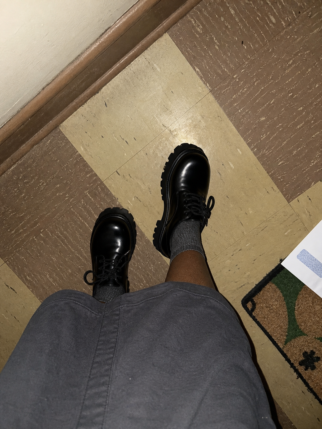 UGC hallway flash styling of Chunky Black Leather Lug Sole Derby Shoes