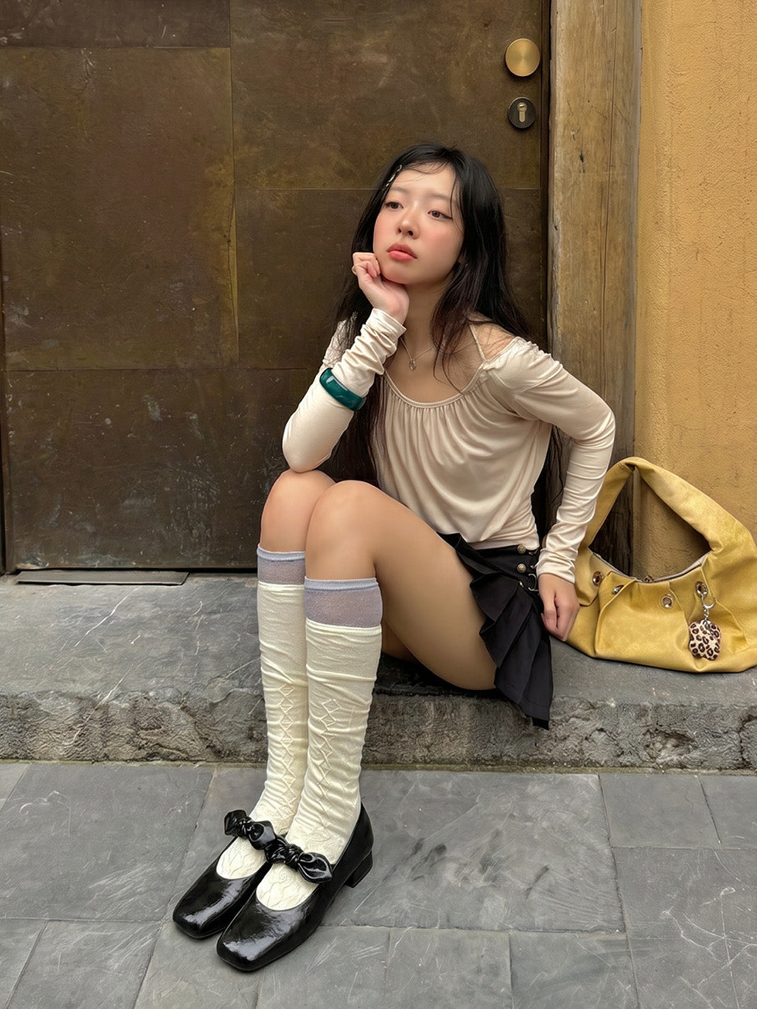 Ribbon-Bow Square-Toe Strap Flats - View 2