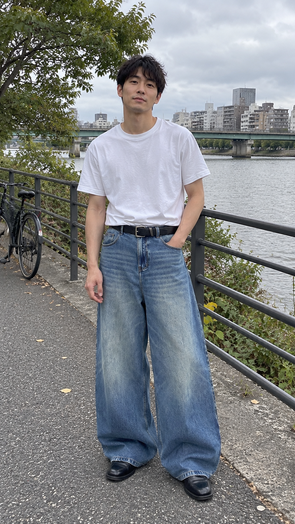 AI-styled look: Classic Wide-Leg Denim Jeans — blue denim · riverside stroll