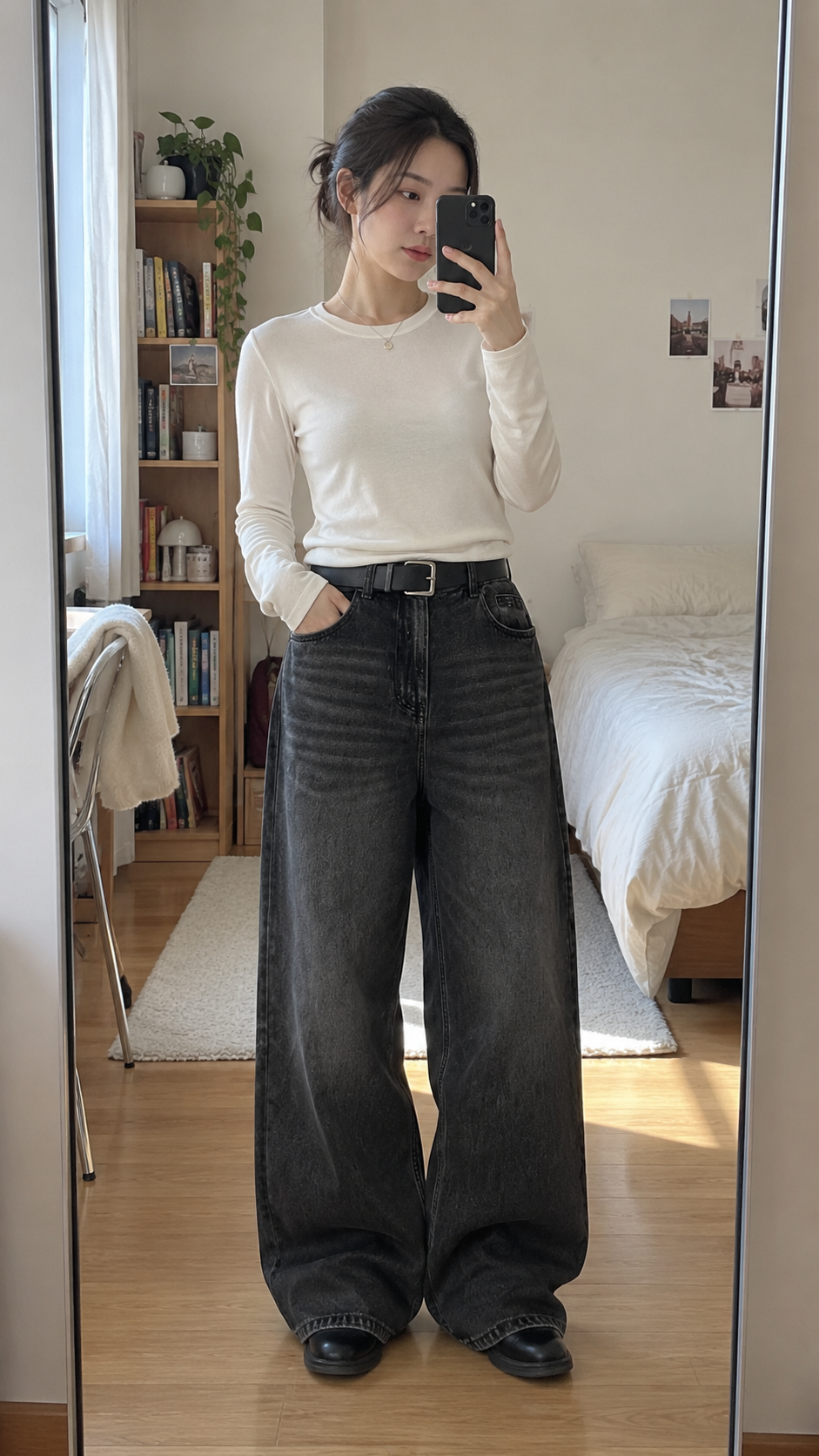 AI-styled look: Classic Wide-Leg Denim Jeans — black denim · apartment mirror