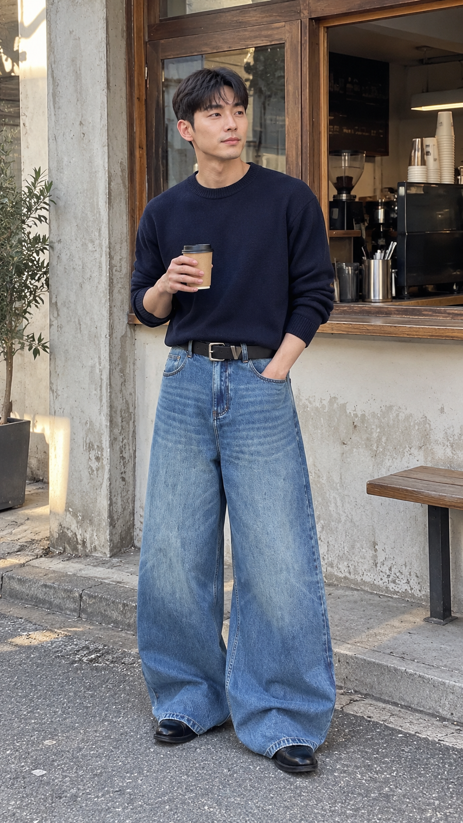 AI-styled look: Classic Wide-Leg Denim Jeans — blue denim · coffee walk